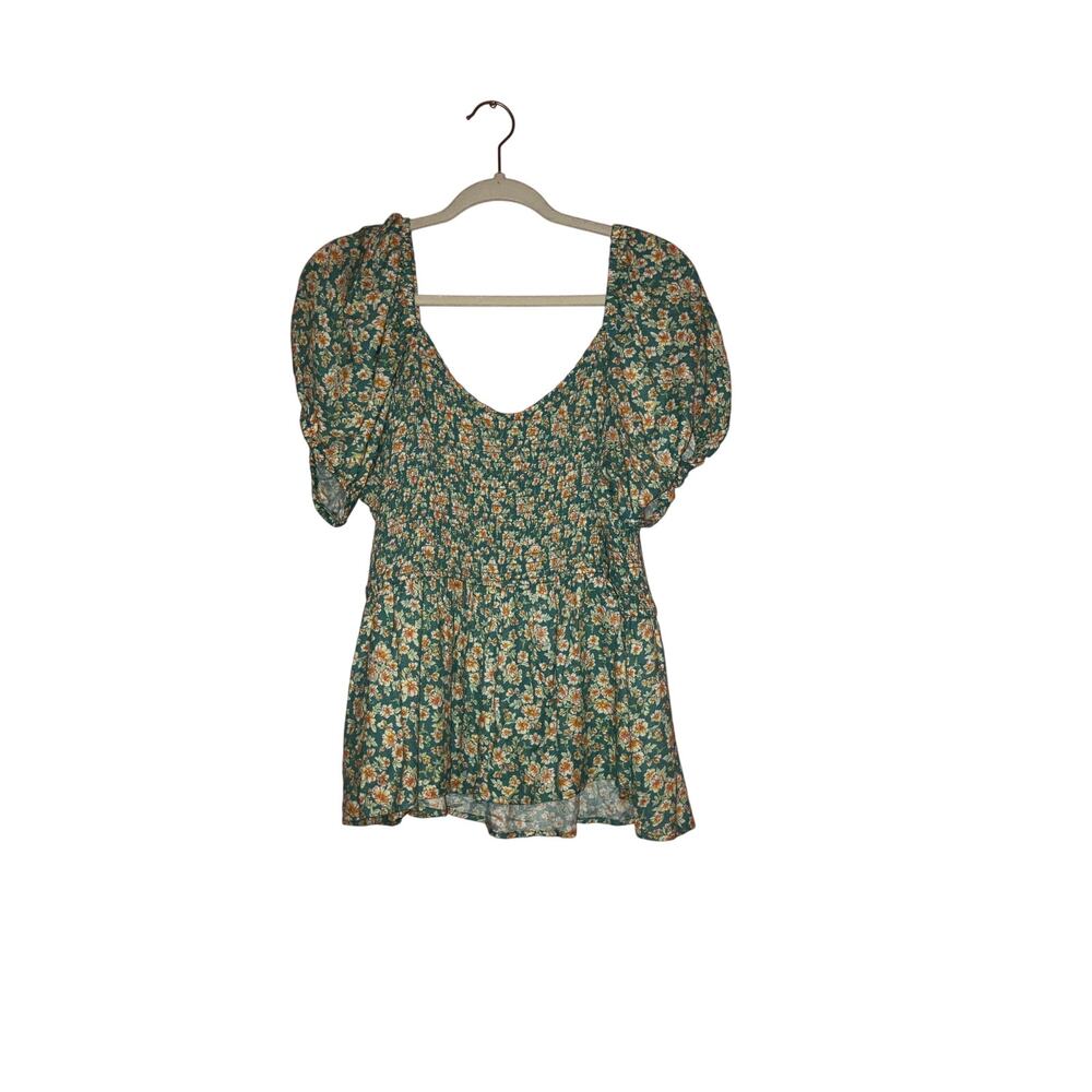 Maurices Floral Smocked Peplum Puff Sleeve Green Ditsy Blouse Size XXL